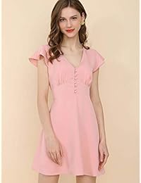 Allegra K Vestido de mujer con volantes, cuello en V, con botones, cintura elástica, para patinar.