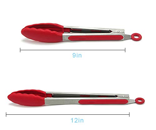 2 Pack Kitchen Tongs, Food Grade Silicone BPA Free Non-Stick Stainless Steel BBQ Cooking Grilling Locking Food Tongs, 9-Inch & 12-Inch (red-silver)