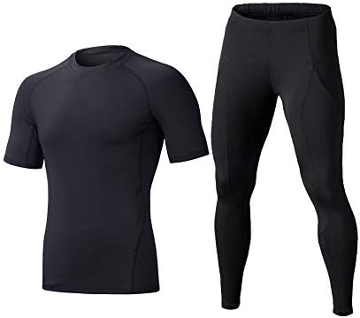 ASGYKM Deodorant Sports Tight Compression Suit Short Sleeve Suit, Men's Running Training Quick-Drying Compression Set Perspiration, Polyester Material Comfortable Fitness Compression Suit