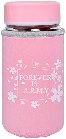 BTS Merch Pink Bangtan Boys Water Bottle FOREVER IS A.R.M.Y Glass Travel Bottle with Thermal Protective Cover for BTS Fans