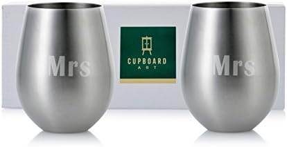 Mr/Mrs, Mr/Mr, or Mrs/Mrs: Set of 2 Stemless Stainless Steel Engraved Unbreakable and Shatterproof 18 oz Wine Glasses (Mrs and Mrs)