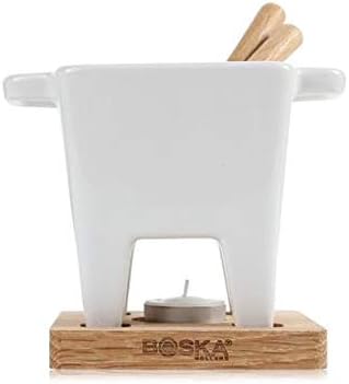 BOSKA Tapas Fondue Set Bianco/Mini Cheese Fondue Sets/Fondue for 6.1 oz of Melted Cheese/White Ceramic Base/Incl. 2 Wooden Fondue Forks/On Tea Light