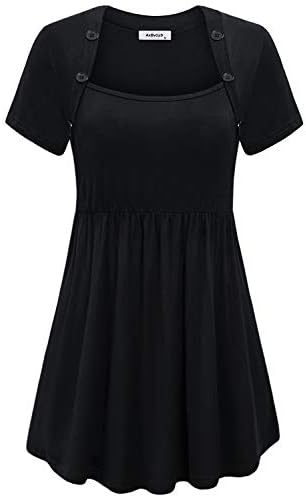 AxByCzD Women's Square Neck with Buttons Short Sleeve Pleated Tunics Tops