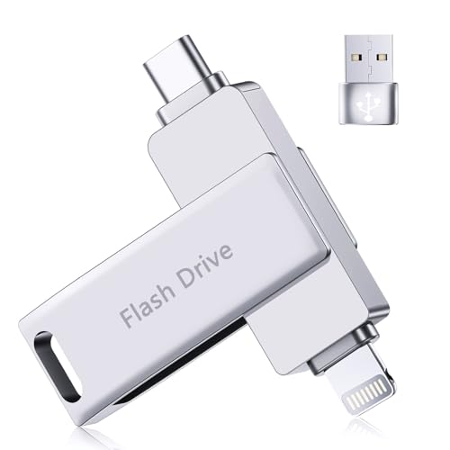 [Without App] USB Stick 512 GB for iPhone MFi Certified, Lncnnk 3 in 1 Flash Drive, Lightning USB 3.0 Memory Stick Photo Stick, USB C Stick for iPhone/iPad/OTG Android Mobile Phone/Mac/PC, Silver