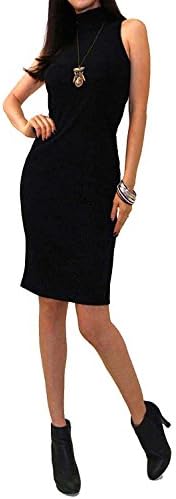 LeadTrendCloth Sexy Bodycon Mock Neck Sleeveless Knee High Sweater Dress (Large, Black)