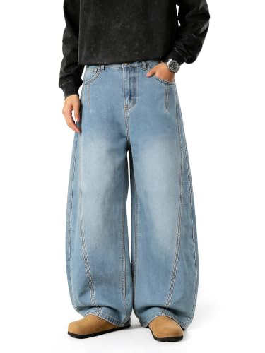 PLEPAN Mens Barrel Baggy Jeans Light Blue Large at Amazon
