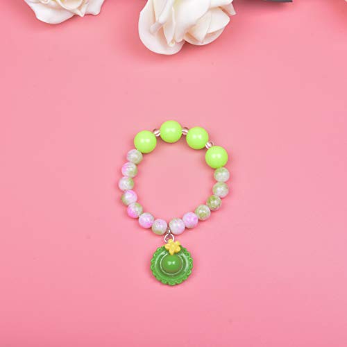 Larcenciel Kids Jewelry Necklace Bracelet Ring Earring Set Flowers Pendant Bubblegum Chain for Little Girls Children Play Pretend Dress Up (Green hat)