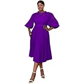 AOMEI Women's Elegant Lace Patchwork A-line Midi Pleated Hollow Out Lantern Sleeve Dress
