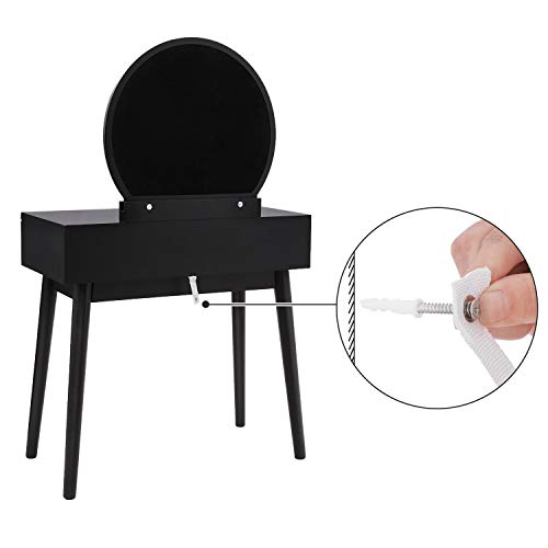 Staron  Wood Make-Up Vanity Table Set with Round Mirror and 2 Large Sliding Drawers Makeup Dressing Table with Cushioned Stool (Black)