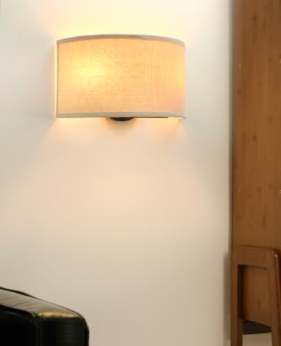 Permo Indoor Bedside Hidden Night Wall Lamp Single 2-Lights Vintage Industrial Fixture with Semicircular Fabric Shade for Reading Bedroom Living Room Dining Room Hotel(Linen)