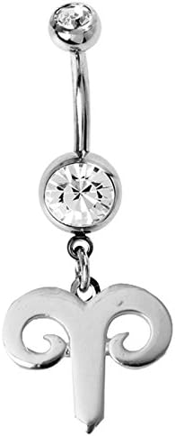 Surgical steel belly button ring with silver Zodiac sign charm ARIES