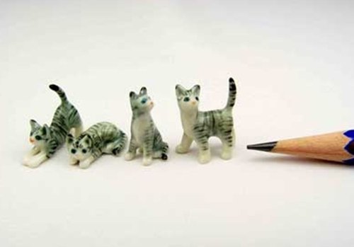 Mini Cat Figurine Dollhouse Miniatures Animals Gray Ceramic Collectible Figurine