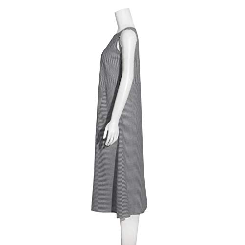 BODOAO Women Linen Casual Striped Sleeveless Dress Crew Neck Pocket Long Dress