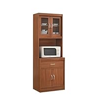 Hodedah Long Standing Kitchen Cabinet with Top & Bottom Enclosed Cabinet Space, One Drawer, Large Open Space for Microwave, Cherry