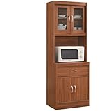 Hodedah Long Standing Kitchen Cabinet with Top & Bottom Enclosed Cabinet Space, One Drawer, Large Open Space for Microwave, Cherry
