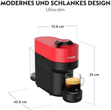 Krups Vertuo Pop Kaffeekapselmaschine, Kapazität: 560 ml, automatische Kapselerkennung, One-Touch-System, 4 Tassengrößen, verkürzte Aufheizzeit, nachhaltig, Spicy Red, XN9205