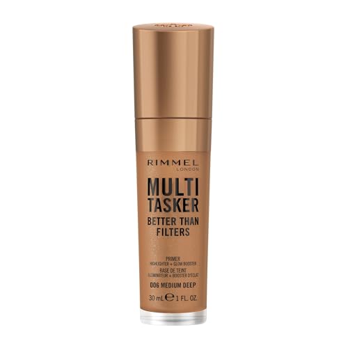 Rimmel Multi-Tasker Better Than Filters, 006 Medium Deep, Base de Teint, Booster d’Éclat et Highlighter, formule vegan, léger, pigments réflecteurs de lumière, grand applicateur doux, 30 ml