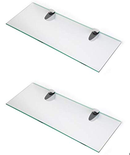 BSM Marketing 6mm Thick Toughened Glass Shelves With Large Chrome Finish Shelf Supports 600mm, 500mm and 400mm (2, 400mm x 150mm)