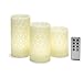 LampLust Ivory Flameless Pillar Candles with Remote, Real Wax with Cut Out Design, Set of 3, Neutral White LED - Batteries Included