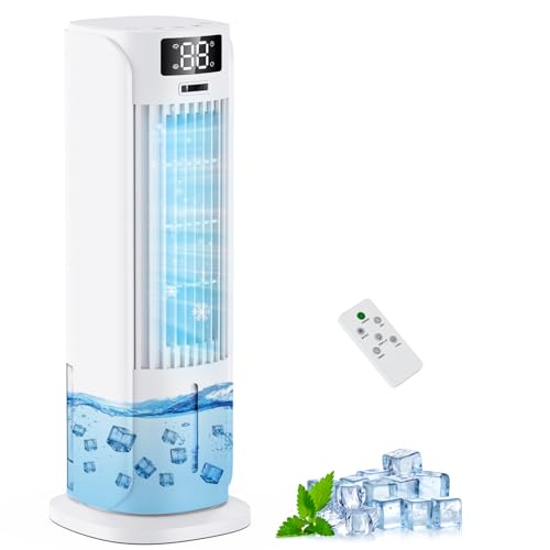 Condizionatore Portatile, 3 in 1 Raffrescatore Evaporativo, 6 Velocità 2 Modalità nebbia fredda, 800ML Raffrescatore d'aria, 90° Oscillazione, Telecomando, Timer 1-12 ore, Silenzioso per Casa Ufficio