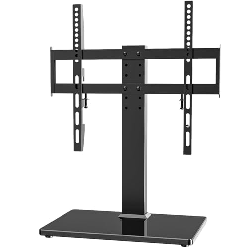 Support TV Universel de Table pour écrans LCD/LED 27 à 55 Pouces – Base en Verre trempé avec Gestion des câbles, Hauteur réglable sur 6 Niveaux, Compatible VESA 400 x 400 mm