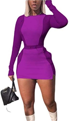 Womens Sexy Two Pieces Set Long Sleeve Round Neck Tops Bodycon Skirt Mini Dress  Purple XS price in UAE | Amazon UAE | kanbkam
