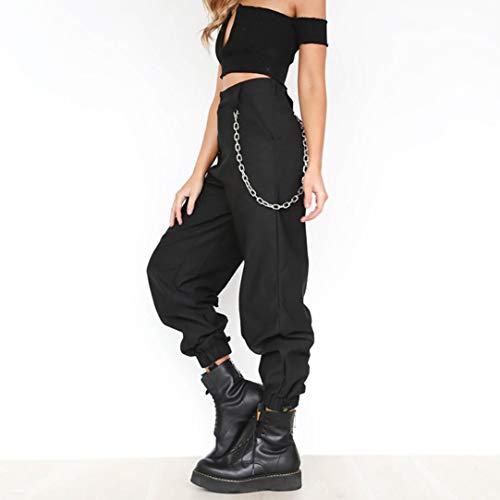 Harem Baggy Pants for Women,Teens Girls Casual Hip Hop Dance Jogging Sweat Pants Slacks Trousers with Pocket Chain (L, Black)