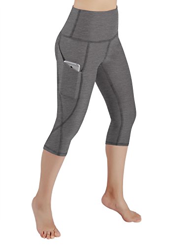 ODODOS High Waist Out Pocket Yoga Capris Pants Tummy Control Workout Running 4 Way Stretch Yoga Capris Leggings,Gray,Large