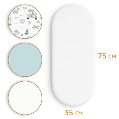 Pram Fitted Sheets Set of 3: 35 x 75 cm - 2 Sheets + 1 Waterproof Mattress Protector - Accessories for Cot Co-Sleeping Pram 35 x 75