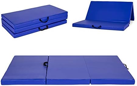 Wilcum Gymnastics Mat Gym Mat Tumbling Mat 3 Panel Folding Thick Exercise Mat PU Leather 4'x8'x3' with Handles for Gym Fitness Blue