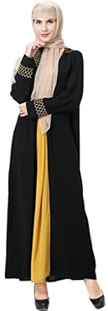 Ababalaya Women's Elegant Modest Muslim Islamic Full Length Block Color Embroidery Runway Abaya Dress