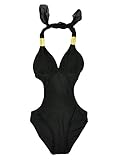 AshopZ Backless One Piece Solid Color Cut Halter Monokini Swimsuit