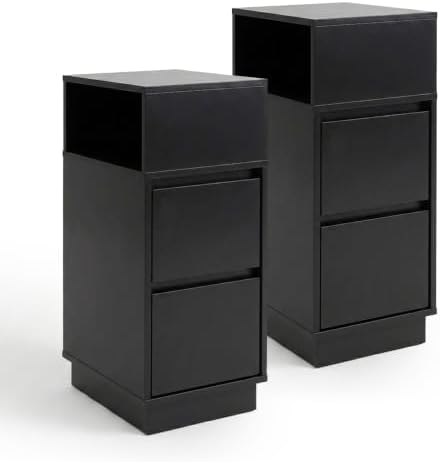 Comodino, set 2 pz, 2 cassetti, 1 vano aperto, nero