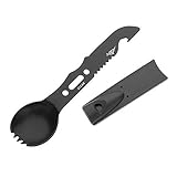 ICYANG Multi-Purpose Camping Utensils Tool, 7 in 1 Stainless Steel Camping Spoon Fork Knife Combo Tableware, Outdoor Survival Tactical Spork, Bottle Opener and High-pitched Whistle