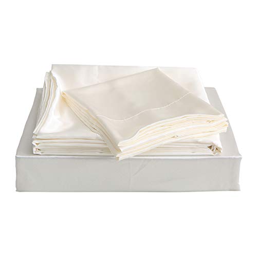 Vonty Satin Sheets Queen Ivory White Silky Satin Sheet Set, Deep Pocket Fitted Sheet + Flat