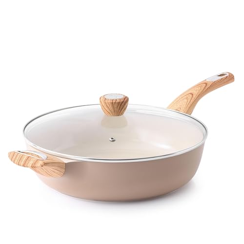 SENSARTE 30cm Beige Antihaft Keramikschicht Tiefe Bratpfanne mit Deckel