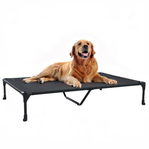 Veehoo XL Elevated Outdoor Dog Bed, Cooling Raised Dog Cot for Large Dogs, Off Ground Pet Hammock Beds with Washable Breathable Mesh, No-Slip Feet, 125x83x23cm, Black