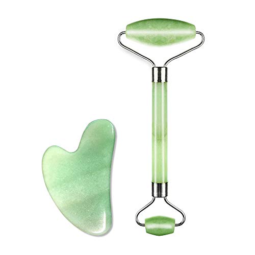 Hsility Jade Roller and Scraping Massager board Wrinkles Remover 100% Natural Facial Jade Stone Massager Face Eye Neck Beauty Roller For Slimming Firming Rejuvenate Skin