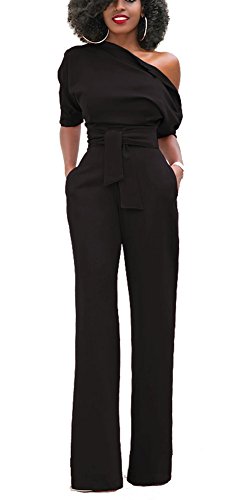 Mintsnow Women's Sexy Casual One Shoulder Wide Leg Long Pants With Belt Jumpsuit Romper
