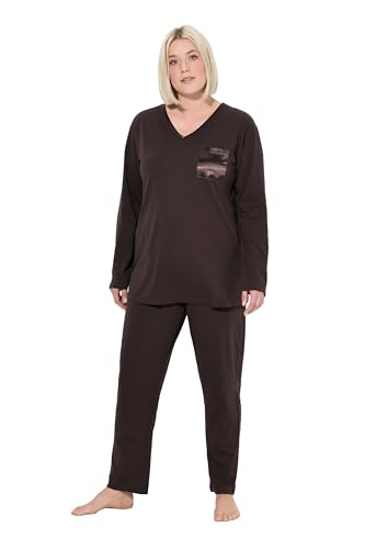 Ulla Popken Femme Grandes Tailles Pyjama à col en V et Manches Longues, Poche Poitrine en Satin Marron pin 46+ 821918110-46+
