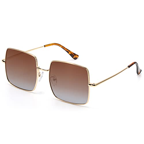 LIKSMU Polarized Square Sunglasses for Women Men Retro Vintage Metal Frame 100% UV Protection Classic Trendy Sun Glasses Gradient Brown Lens and Gold Frame