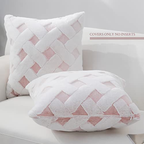 Cozy Bliss Faux Fur Pillow Covers Luxury Super Soft Plush Fleece Throw Pillowcase, Textured Knitted Cushion Cover Decorative Pillowcases for Sofa Couch Bed Chair Car (Pink, 18
