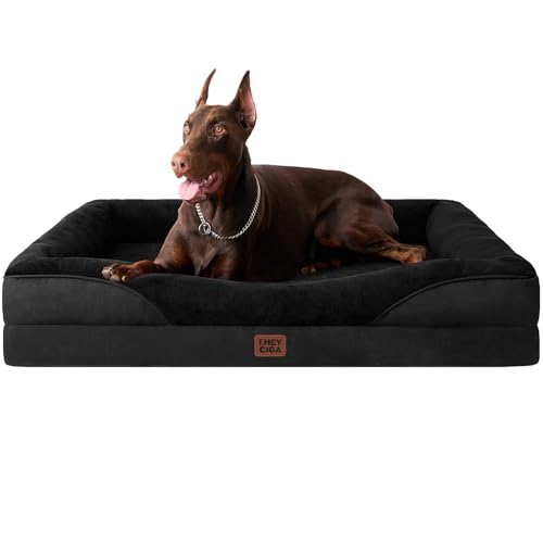 EHEYCIGA Orthopedic XL Dog Bed for Large Sized Dog, 48x35x7.5 Inch Extra Large Memory Foam Dog Couch Bed with Sides, Waterproof Liner & Washable Removable Cover, Bolster Pet Sofa, Black Image