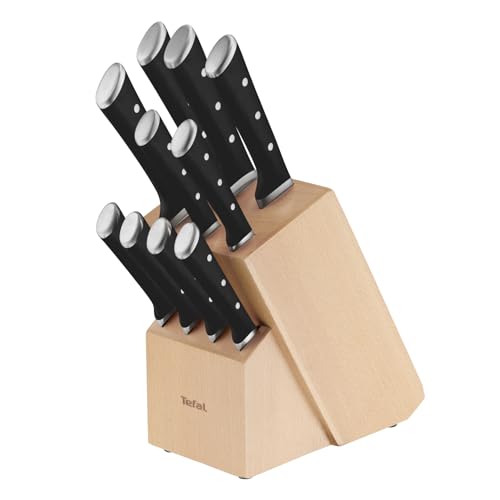 Tefal Ice Force 11-tlg. Messerblock-Set, 6 Messer, 4 Steak Messer, 1 Holz-Messerblock, hochwertiger, deutscher Edelstahl, Ice Force Technologie, korro