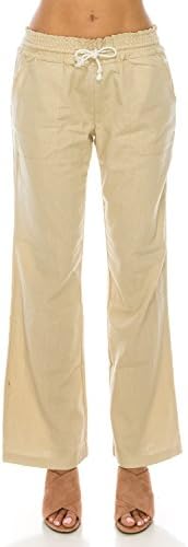 Me in California Women's Comfy High Waist Smocked Waistband Drawstring Wide Leg Linen Trouser with Pockets Natural Medium LP1004