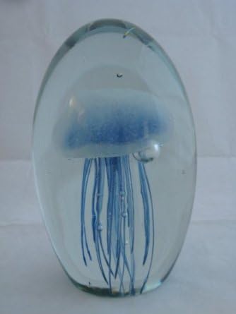Glass Jellyfish Paperweight Jellyfish Inside the Glass Color BLue (Glow in Dark) - Jelly Fish Paper Weight 6" X 3.75"