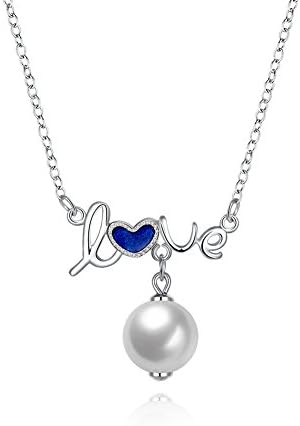 iCAREu 925 Sterling Silver Imitation Pearl Love Letter Pendant Necklace for Women, Girls,18"