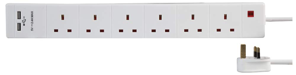 PRO ELEC PEL00120 6 Gang Extension Lead with 2 USB 1m, White