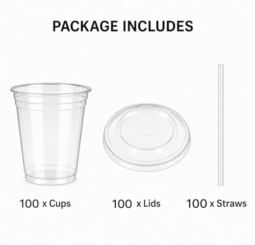 Disposable plastic glass 100 Pack 16 oz Plastic Iced Coffee Cups with Flat Lids and Straws, Disposable Clear Cup, BPA Free Cup for Party, Smoothie, Cold Drinks, Juice, Milkshake, Tea