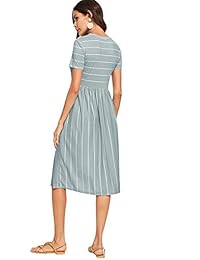 floerns rayas de la dama bolsillos de manga larga Midi Vestido